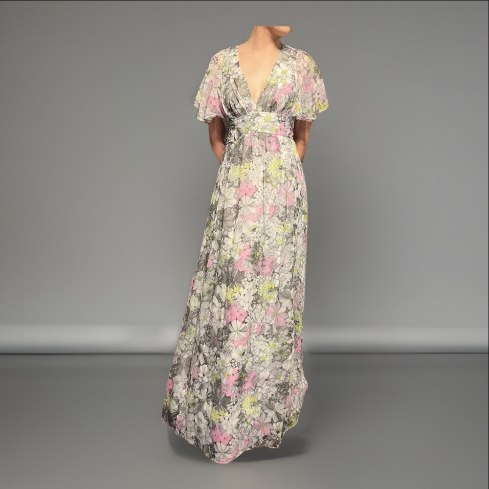 Vtg Roberta California Maxi Dress size 9 Fairycore Floral bridesmaid grey pink